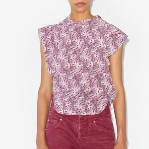NEW $695 Isabel Marant Valency Silk Floral Top Purple Boho Ruffle Size 40 S/M